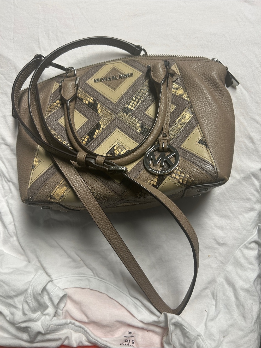 Michael Kors Brown & Beige Geometric Leather Satchel with MK Charm; 20-26” strap